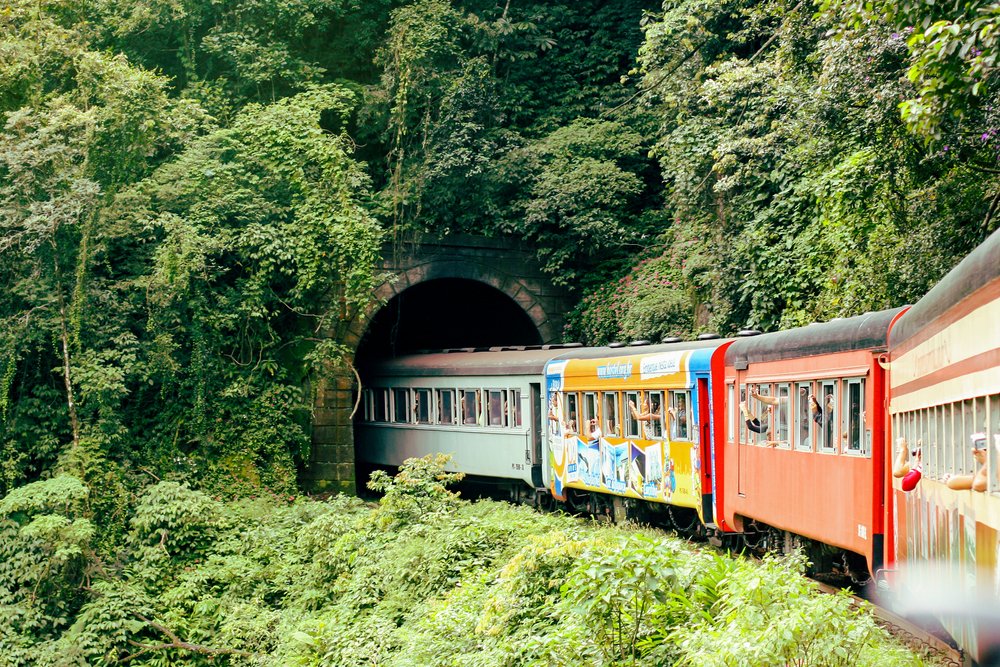 Trem turístico entrando em túnel cercado pela mata no trajeto entre Curitiba e Morretes